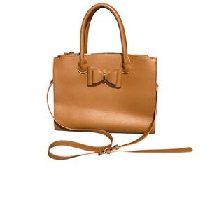 Miztique Camel Tan Saffiano Vegan Leather Bow Satchel Crossbody Bag Tote EUC